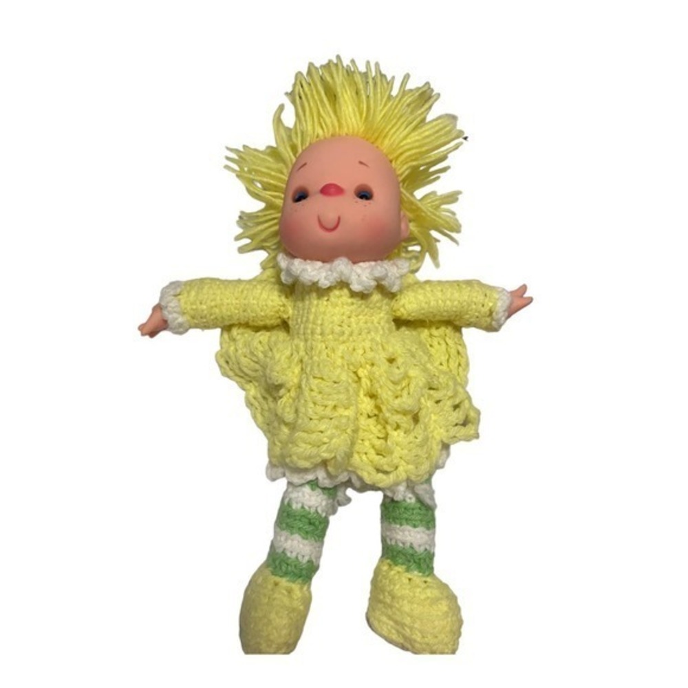 Ice Cream Face Baby 12” Doll Hand Crochet Dress Yellow Yarn Hair Plush Vtg 80s